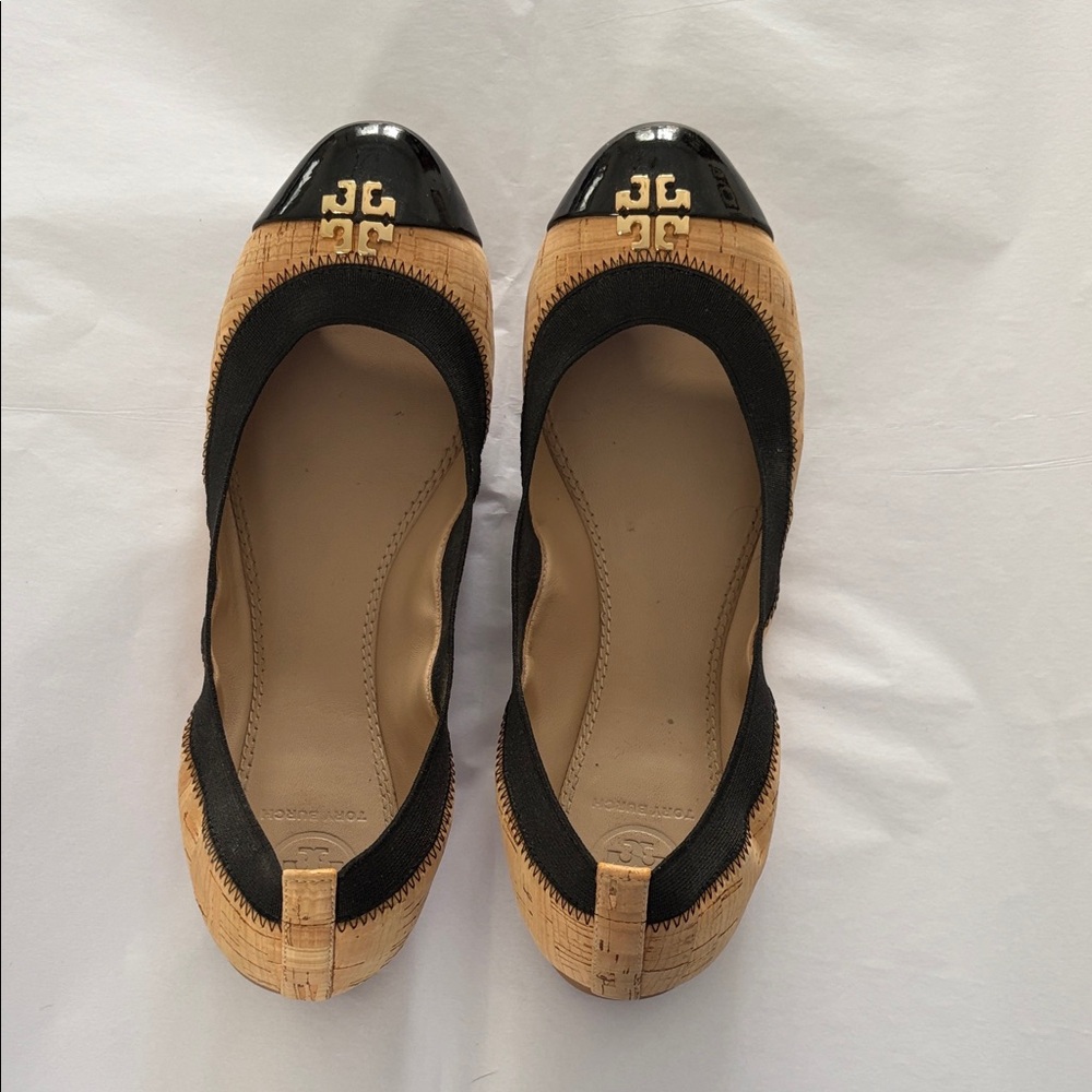 Tory Burch Black and Tan Cork Flats with Logo Detail